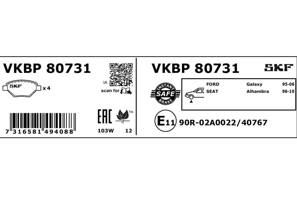 Jogo de 4 pastilhas de travão SKF ref. VKBP 80731